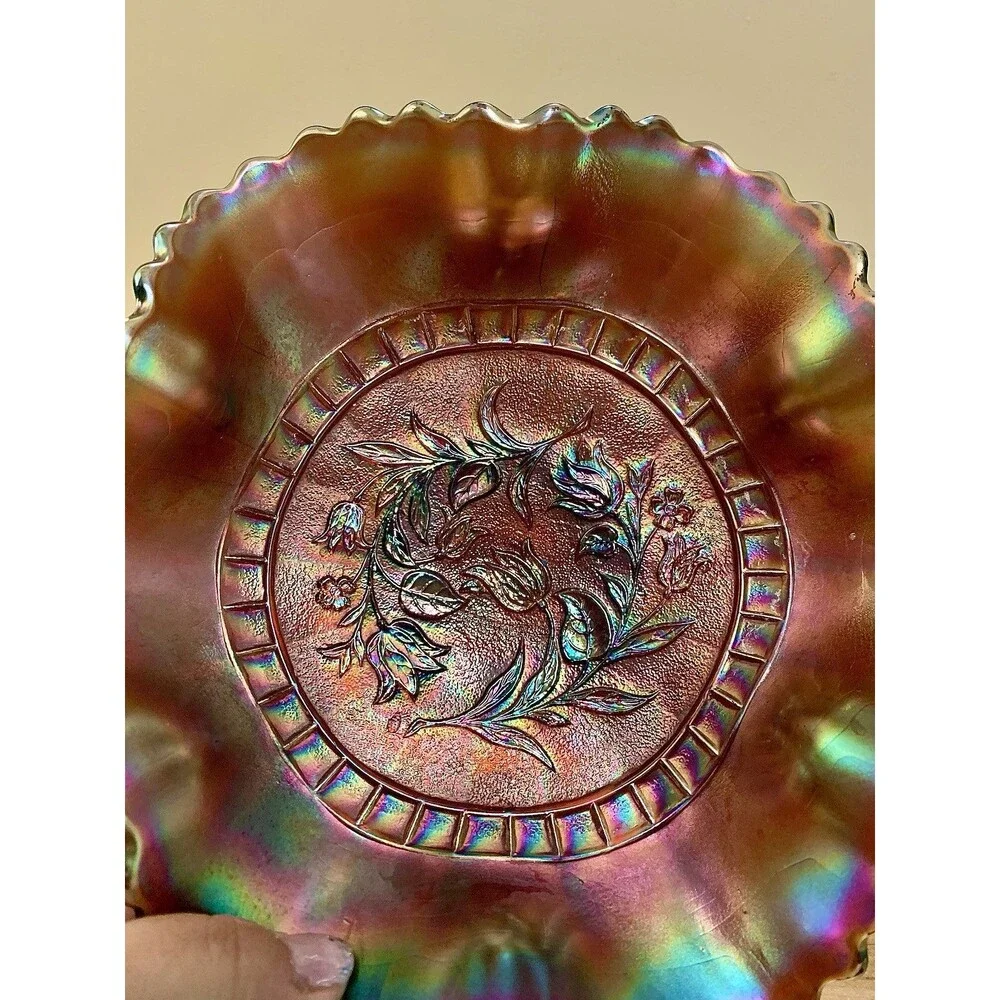 Antique Dugan Amethyst Windflower Iridescent Carnival Glass Ruffled Bowl 8